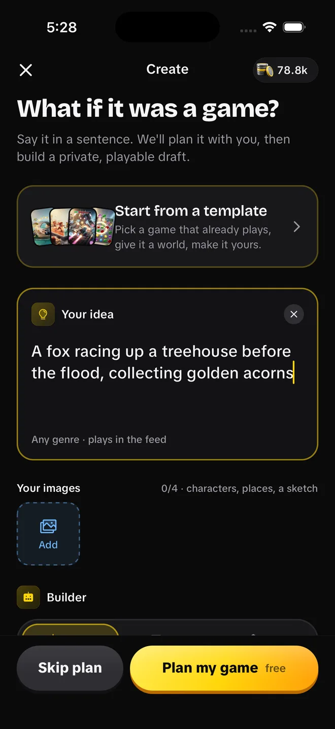 Zapp's Create screen with an idea typed in: a cozy cat cafe where you catch falling donuts