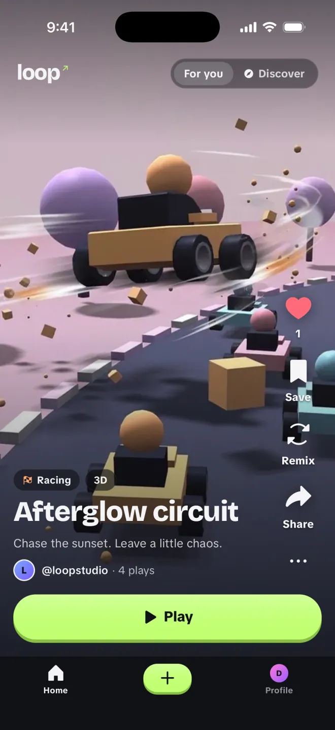 Afterglow circuit, a 3D racing game, in the feed