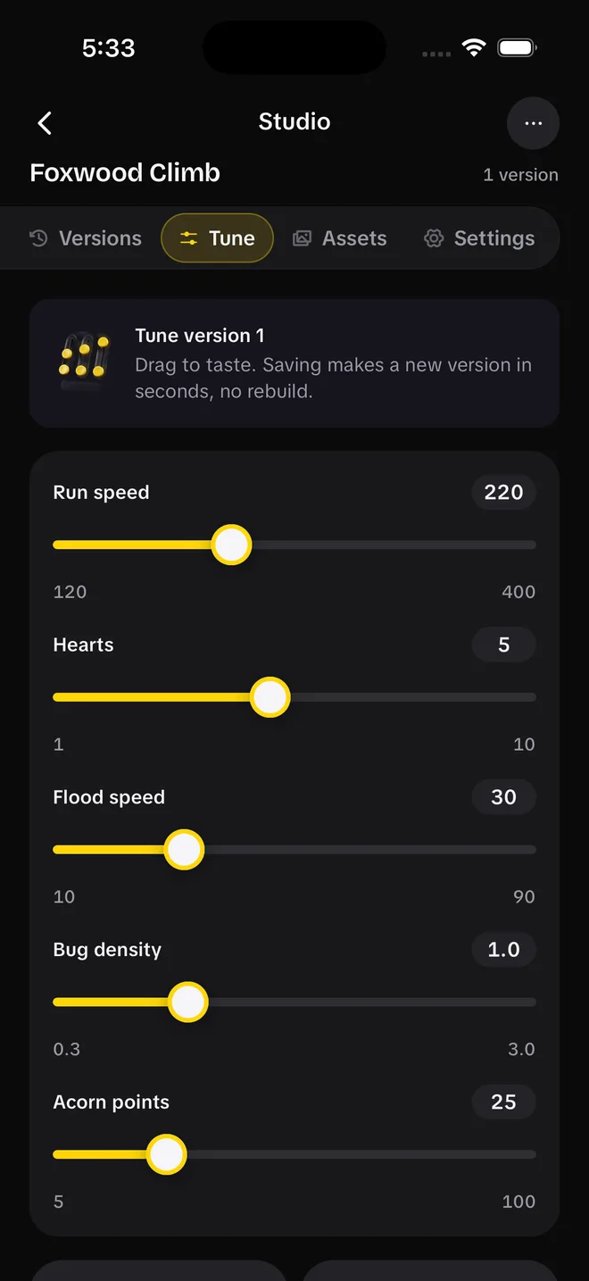 Tune: sliders for starting moves, cherries to collect and fall acceleration